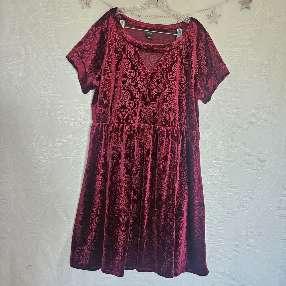 Disney Size 2XLarge Burgundy Velvet Burnout Hidden Mickey Babydoll Mini Dress